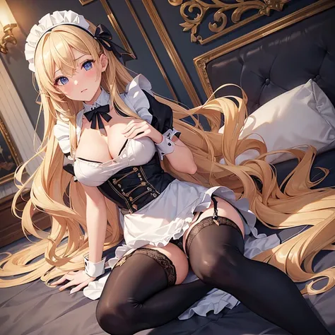  masterpiece on penis、 top quality、４k、 super detailed、 beautiful girl、 perfect body、 full body portrait、 one girl、 perfect five fingers 、 embarrassed 、 beautiful rich breasts、long blond wavy hair、(( maid outfit ))、 black garter belt、 headband、 looks embarr...