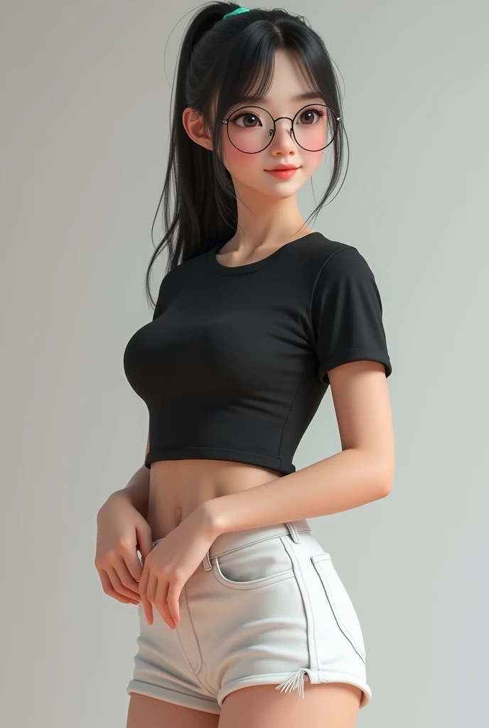 (Photorealism:4.3) a perfect girl of 17, wearing black full t shirt and white shorts, height 160 cm, fat percent 17 , breasts 100 cm, circular face wearing circular glasses, tied long hairs, full portrait, realistic. 