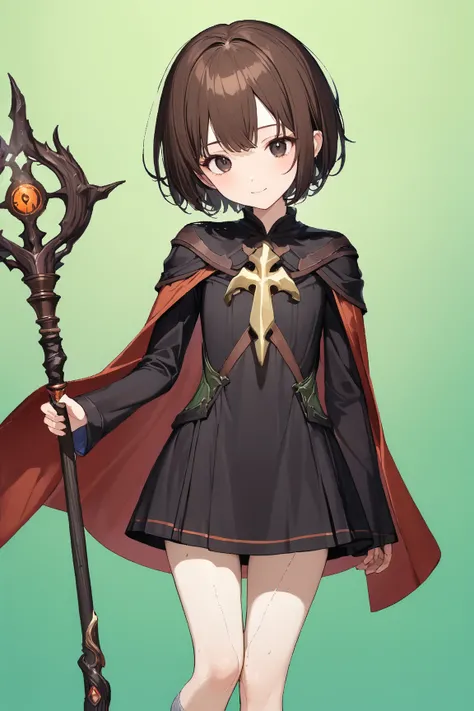 (green background:1.3), No wind, character sprite, Break, 
1 girl, (cute face), Intelligent Look, light smile, , (petite), 150 cm tall,, Standing, feet out of frame, (black short hair, blunt ends), black eyes, (flat chest:1.2), slim, (dark brown Mage Outfi...