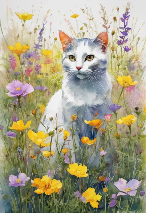  cute detailed cat、Cosmos flower field、The mental world of a mentally ill person 、 full color, Pencil drawing,  Japanese painting, Woodblock print,  Watercolor and Oil Paintings Fusion ,  Fusion of Watercolor and Shadow Paintings , Impressionist art, Iris ...