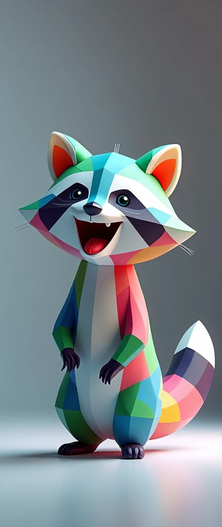 A captivating 3D render illustration of an abstract, extra-fluffy baby raccoon, portrayed in a minimalist Cubist style reminiscent of Picasso. The raccoon is depicted growling while sporting a vibrant color palette of blues, pinks, greens, yellows, and whi...