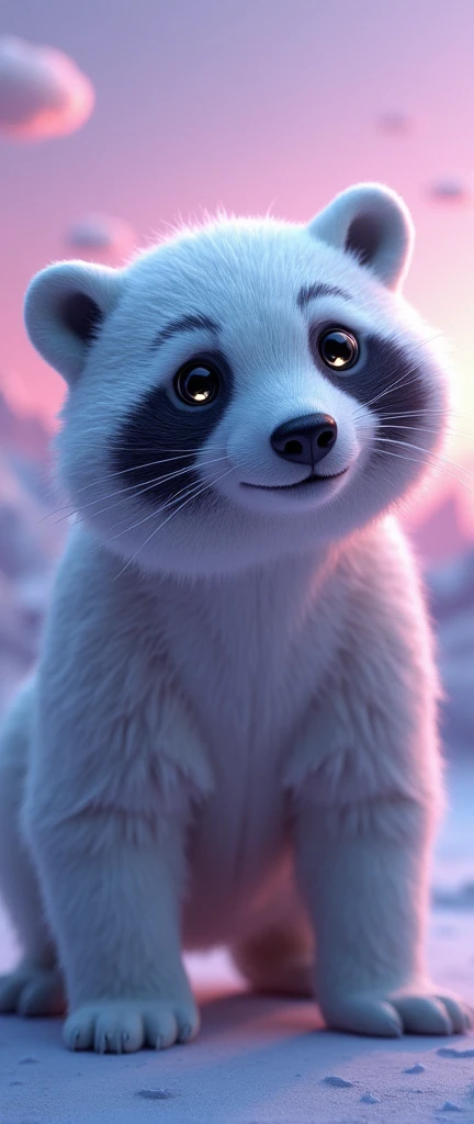 A surreal 3D render of a polar bear with a twist. The left side of the bears face is a cute, extra fluffy baby realistic raccoon with glowing, otherworldly eyes. The right side of the bears face has bright, captivating eyes. The background is a dreamlike l...