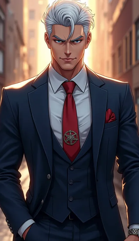 Detailed illustration of HD realistic male with white hair, blue and red eyes wellbuilt in a gentlemen suit with a perfect charming smile  having a chiseled jawline wearing a watch and one hand in his pocket Jewelry, Closed Mouth, Masterpiece, HD, Short Ha...