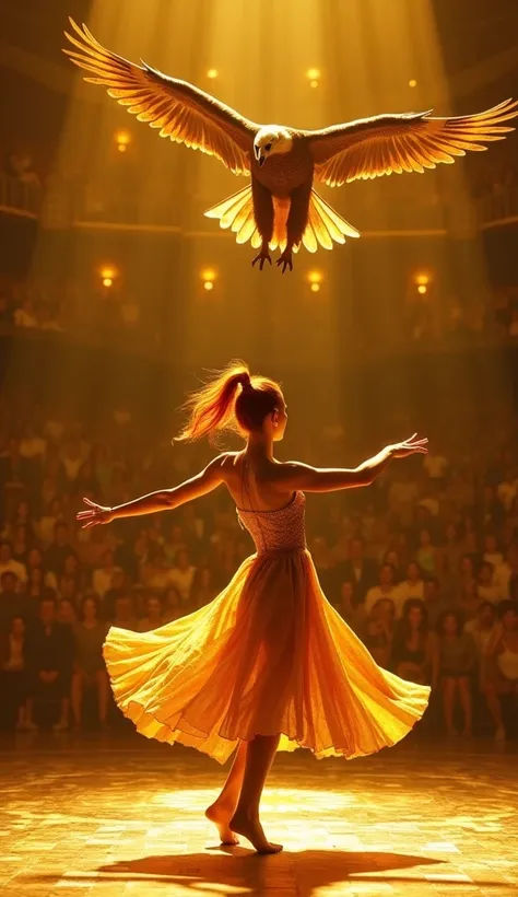 Scene 1: On a shimmering stage, a young woman with fiery red hair tied into a high ponytail twirls in a golden, flowing dress. She dances in sync with a majestic golden eagle, its wings spreading wide as it glides above her in perfect rhythm. Bright, golde...