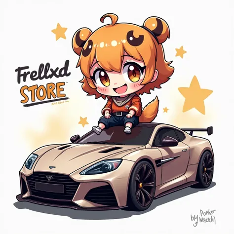  make a sketch of the chibi free fire store logo with the name "FELLXD STORE " with chibi concept sitting on top of a luxury car with size 1:1