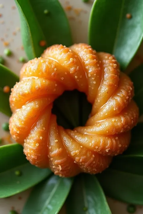 combination of churros and donut with gula melaka and pandan leaves above it