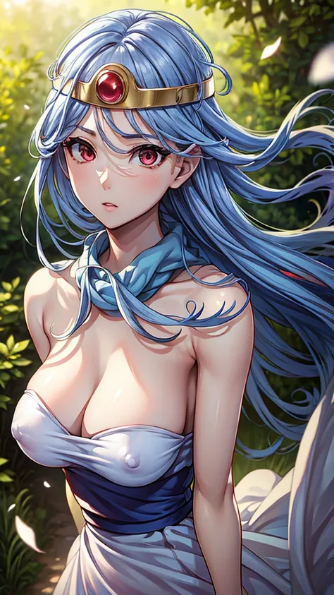   masterpiece on penis ,  top quality, 4K, 8k, bad,   upper body,   face focus , close-up,   1 girl,   blue hair,   white dress, red eyes,   circlet ,  , The facial expression is random　, Depth, Depth of field,  Outdoor , nature,   petals, wind, beautiful,...