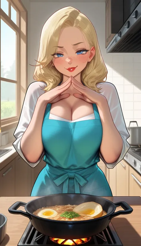 masterpiece, best quality, amazing quality, very aesthetic, high resolution, ultra-detailed, 1 girl, beautiful, cute face, small cute nose, big red lips, freckles, gorgeous ice blue eyes, beautiful long blonde hair, housewife, cozy kitchen, cooking, wooden...