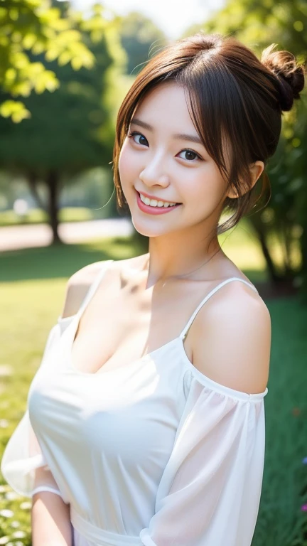 (20-year-old woman)、lovely face、 wearing a dress 、A pretty bright smile 、  Clothes that accentuate cleavage 、Off the shoulder、 white shirt、  white pants 、(  shorthair,)、 watch viewers、  full body lesbian 、【From the above】、 looks up、 beautiful hands、Lets en...