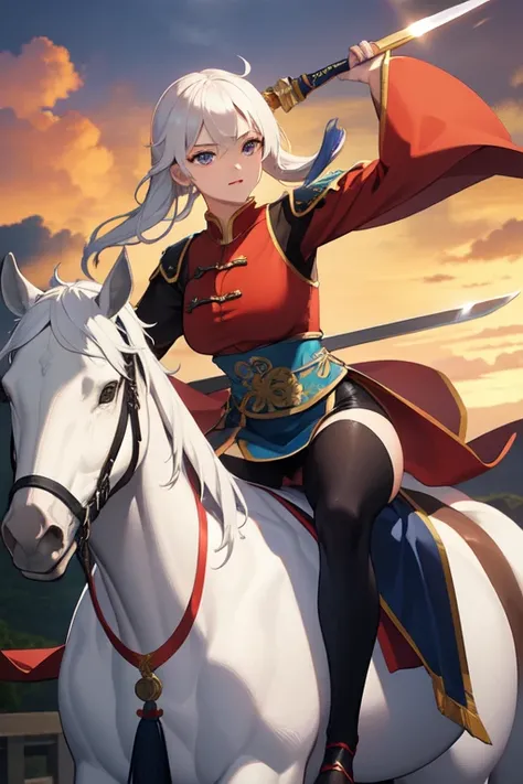  A female warrior  , dressed in an ancient Chinese costume, riding a white horse ,wielding a dagger  , Anime8k  