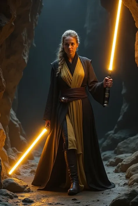 Beautiful Female jedi , 40s years old ,gold lightsaber, gold and black sexy robe in a dark cave , scared face , exploring