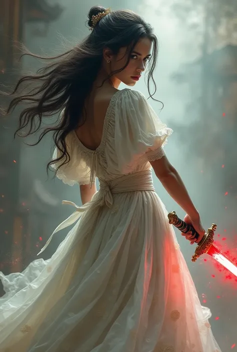 A beautiful elegant woman holding samurai sword, combat ready stance, wearing tattered wedding dress, sword edge glowing red, photorealistic painting, Japanese paint style background, beautiful semi-realistic photo, misty background, European caucasian wom...