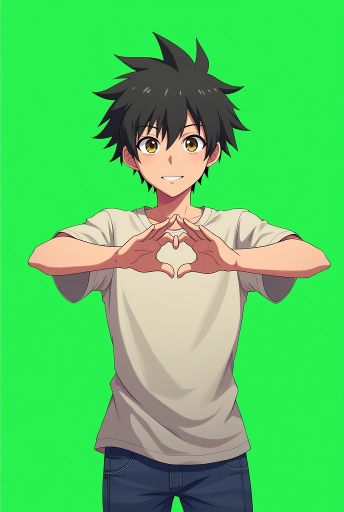 An anime male person holding X SIGN with his hands infront of green screen