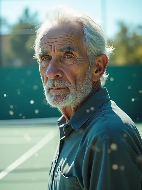 (Double exposure:1.3), double exposure effect of a 80 years old man. superimposed. tenis court background. Highlight the double exposure in his body, masterpiece, intricate details,