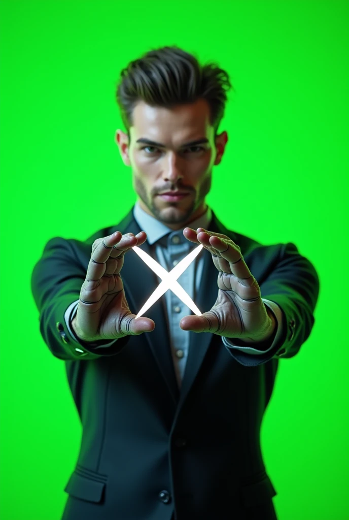 An ai male person holding X SIGN with his hands infront of green screen