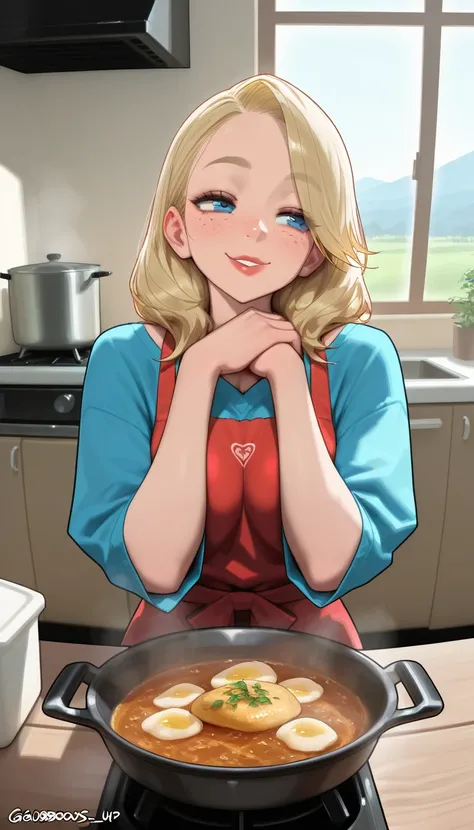 masterpiece, best quality, amazing quality, very aesthetic, high resolution, ultra-detailed, 1 girl, beautiful, cute face, small cute nose, big red lips, freckles, gorgeous ice blue eyes, beautiful long blonde hair, housewife, cozy kitchen, cooking, wooden...