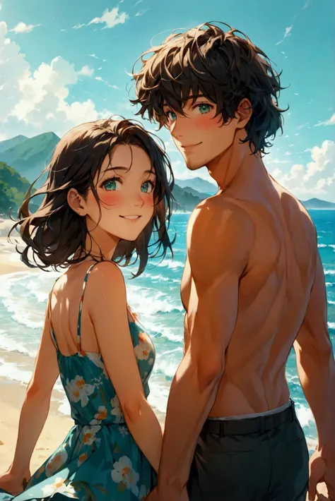 Portray a romantic scene where a Caucasian man in his thirties is walking arm in arm with his young cheerful Japanese girlfriend. He has a square face with green eyes and a bulk physique, coiffed brown hair and he is dressed in a beach outfit. She has roun...