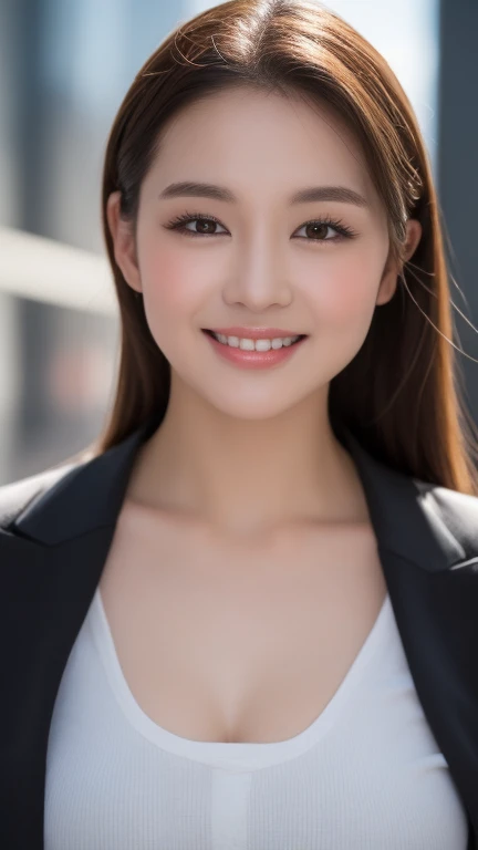 (( best quality , 8k, masterpiece: 1.3)),  1 girl, smile,  full body, Slim face,  Pretty Woman, short dark brown hair ,  White crisp shirt on the upper body ,  black straight suit pants on the upper body,  high heels,   super detailed face  ,  detailed eye...