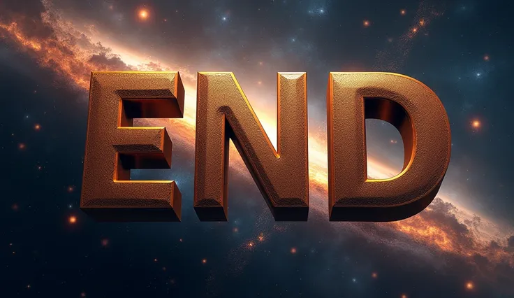 “End” letters in bronze in 3d in the background of the universe 