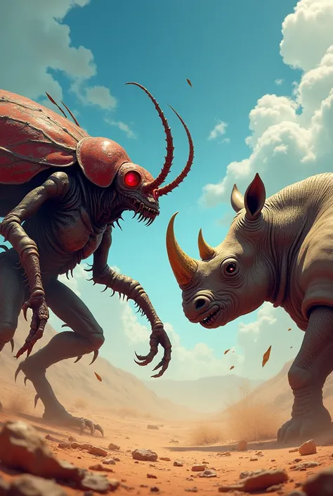 Create an image of an intense confrontation in a desert setting. A monstrous assassin bug and a monstrous rhino face each other, both exuding rage. The assassin bug features grotesque, sharp, insectoid limbs and a muscular, beastly body, with its red eyes ...