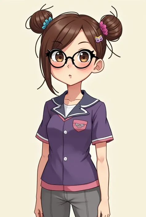  Make me an image of an elementary school teacher with these characteristics . 
 Hair tied up with a brooch
Brown hair
Kitty-shaped eyeglasses
Small mouth
Nose like a horn
Half-brown skin
Physically thin 
Dressed in gray dress pants and a purple rower with...