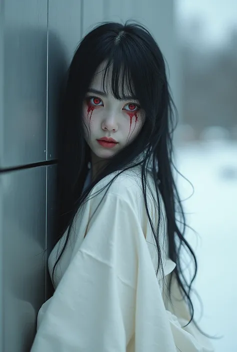 a beautiful japanese woman, piercing red eyes without pupils, unsettling smile, pale face, tattered black hair, pure white kimono, silver plain background, snowy landscape, photorealistic, 8k, highly detailed, masterpiece, dramatic lighting, cinematic, moo...