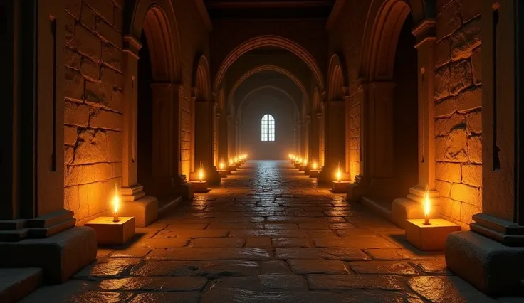 Monastery corridor with candles, Alone without people and a little more illuminated .