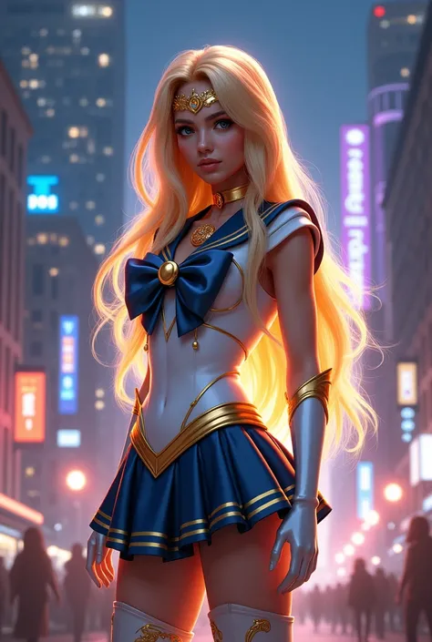 A realistic or cosplay depiction of a beautiful young woman inspired by Sailor Moon and Knights of the Zodiac, standing in a bustling city setting at night. She has long, flowing golden hair that shines under the glow of city lights. Her outfit resembles a...