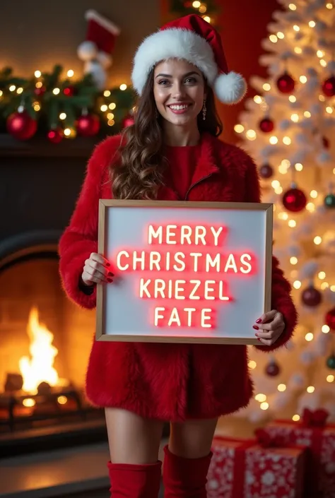 A woman wearing a fur red dress,santa hat,red long boots with fur design,christmas ball earings,simple make up,simple smile,holding a big white board with the text MERRY CHRISMAS HEPH FROM KRIEZEL FATE in neon colors . Standing in the beside a chimney with...