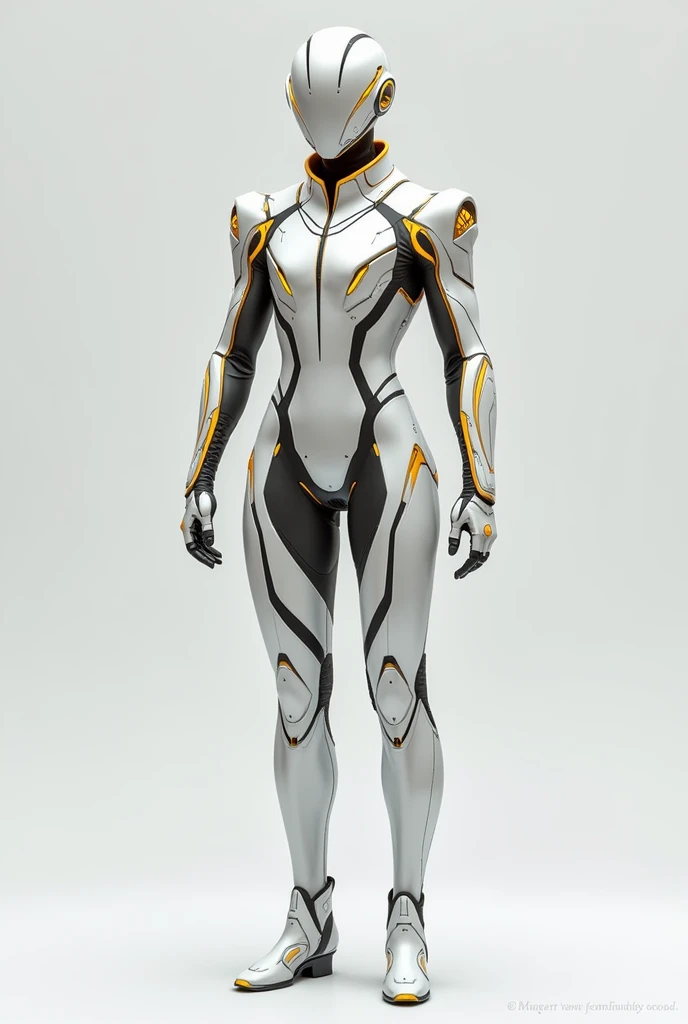 A futuristic and sleek uniform design for a spacefaring team named "Grand Cross." The uniform is a full-body suit without any visible human face, designed primarily in white with golden accents. Specific areas of the suit, such as the shoulders and lines o...