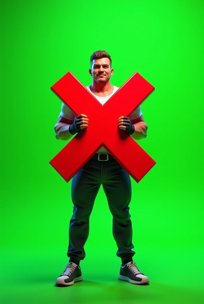 An male game character holding medium size red X SIGN with his two hands infront of green screen showing half body 