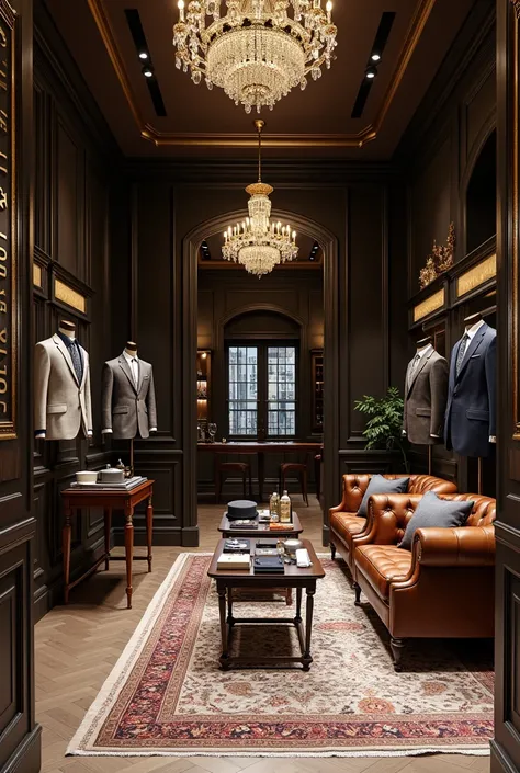 A realistic, ultra-detailed interior view of a boutique store for sophisticated men over 40. The space blends classic European elegance with modern luxury. Features include dark wooden walls, gold and marble accents, soft warm lighting from crystal chandel...