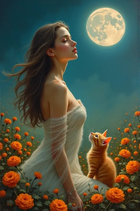 An oil painting on the back of a sensual young woman gazing at the moon, surrounded by marigolds. Her ass attracts the beholders. She is covered in a cloak of dust. Nearby is an orange kitten.