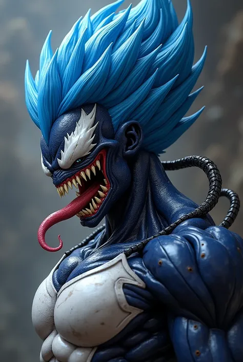 A digital painting of Vegeta fused with Venom, showcasing a dark and menacing aesthetic. The fusion should have Vegetas Super Saiyan Blue hair and a twisted, monstrous face with Venoms symbiote tendrils and sharp teeth