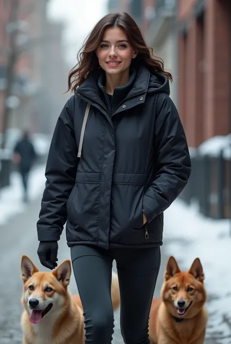  Trendy streetwear  ( winter)  with professional and happy expression and dark blue eyes with medium hair. Full body photo must appear wearing sportswear surrounded by your animals.   perfect body .  Realistic photo.
 High resolution,  anatomy,  very detai...