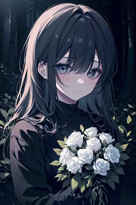 a girl in a dark forest, sorrowful expression, tears in her eyes, holding a wilting flower, dramatic lighting, moody tones, muted colors, (best quality,4k,8k,highres,masterpiece:1.2),ultra-detailed,(realistic,photorealistic,photo-realistic:1.37),cinematic,...