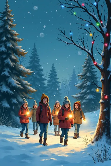  creates an image that represents the following text :  6 teenagers with flashlights in a snowy town, In the park full of Christmas lights  + for a storybook  + for ren + winter colors 