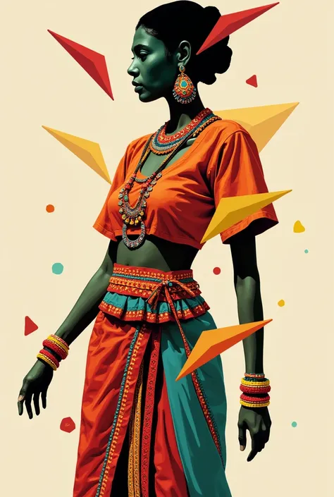 A Constructivist-style representation of a Balinese woman, with her traditional clothing and accessories depicted using bold, angular shapes and dynamic lines. The composition emphasizes movement and energy, reflecting the vibrancy of Balinese culture thro...