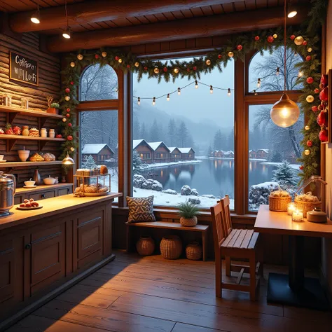 the name " Coffee with Lo-Fi " is written somewhere in the image. Christmas cafeteria , where soft jazz music fills the air , blending with the gentle crackling of a nearby fireplace . The coffee is warmly decorated , with some carefully placed wooden tabl...