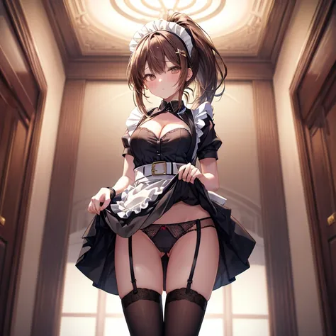 (( top quality)), ((masterpiece)), (  Details), ( super high resolution)、 cute girl、 very young 、solo、
(Brown Hair、 ponytail)、 medium chest 、 cleavage、
 perfect face、超 Detailsな瞳、超 Detailsな肌、 perfect body、( perfect finger、Perfect hands)、
( black maid clothe...