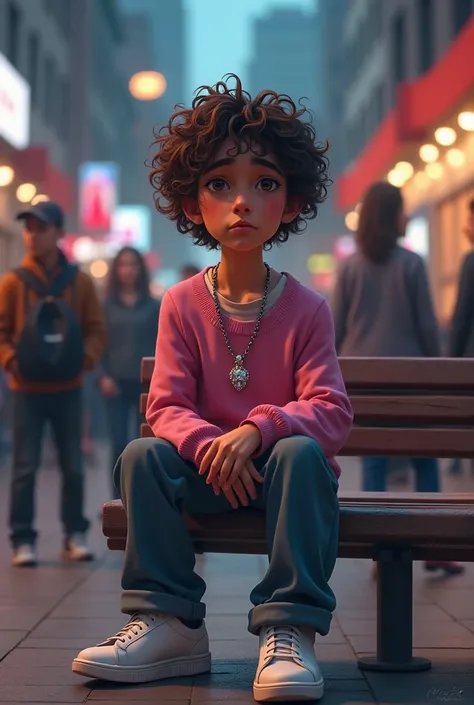 Sad teenage curly-haired brunette man sitting on a bench alone surrounded by people, wearing pink sweater , diamond silver necklace,  wide pants and white shoes , caricatura 2D, Evening