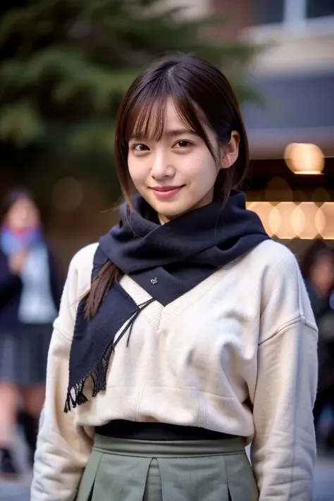 (Masterpiece,  best quality, Perfect Anatomy,  highres icon, 8k, realistic, photo realistic, natural skin texture, no makeup:1.2), Japanese girl stops watching Christmas illuminations, age20, (very cute:1.2), shy smile, (large breasts and perfect style:1.2...