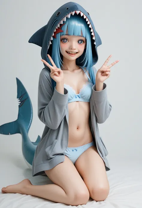  Artificial intelligence put on bra and panties aeeee requiring Kaelinas full body with bra . 18 years old . animal hood . fringe .  Blue Eyes . blue hair . blunt fringe . Blush . clothes . collarbone . double v . until . fish tail . Gray hair . smile . ha...