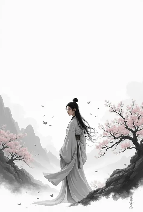 Distant Mountains，White Cloud，Ancient Trees，bloom, monochrome, Ink Sketch, 1 male, Asia (Young male), (Long hair), Looking at the audience, Hanfu, Chinese clothes, Long sleeve, (abstract ink splash:1.2), White background