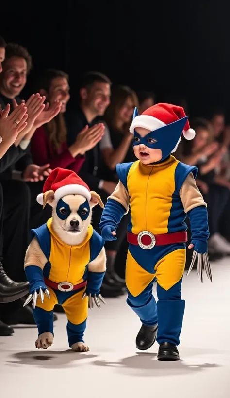 "A one-year-old baby dressed in a charming Wolverine costume, complete with the iconic yellow-and-blue suit, clawed gloves, and a matching mask, adds a festive touch with a red Santa hat perched on top. Walking proudly beside the baby is a dog wearing a ma...