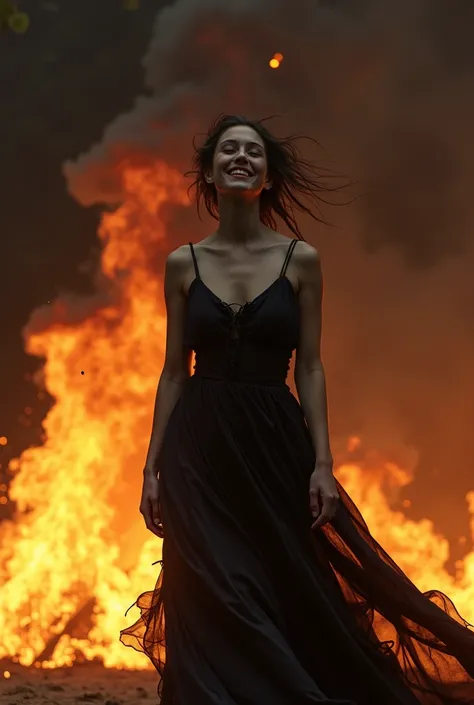 Woman wearing a big dress made of black rags, In the midst of a bonfire smiling 