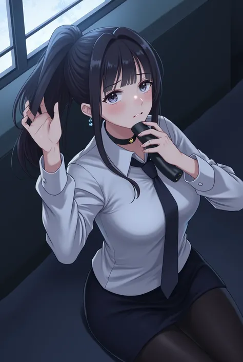 score_9, score_8_up, score_7_up, score_6_up,
TKMND, 1girl, 20 years old, solo, long black hair, bangs, ponytail, dark grey eyes, looking up, light blush, light makeup, medium perky breasts, moon earrings, white business shirt, tie, choker, black tights, ex...