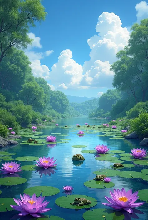 A fresh water pond full of purple lotus 🪷,up above bule sky with whit cloud .and around it so many green trees 🌴.and some of the leaf there are frog sitting, and it is the next time of upcoming rain