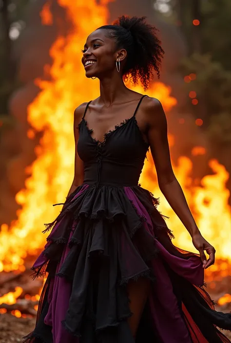 Mulatto woman wearing a big dress made of black and purple rags, In the midst of a bonfire smiling 