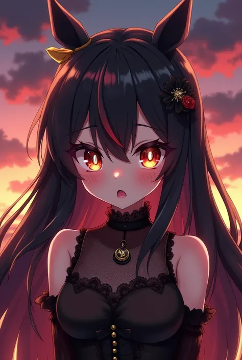 Here’s the updated prompt for an angry yet cute Kurumi:

"An anime girl with long, flowing black hair streaked with subtle hints of crimson and captivating mismatched eyes—one golden and the other clock-like, glowing with a fiery intensity—stands in a stri...